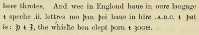 Traduction anglaise de Paul Hamelius (en) de 1919 d’un texte de Jean d'Outremeuse décrivant les lettres anglaises thorn et yogh dans un manuscrit du XVe siècle.