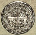 Anverso de moneda de 2 reales (plata) de Felipe V con �ceca� de Segovia del a�o 1723.