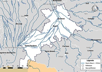 Carte des cours d'eau de longueur supérieure à 50 km de la Haute-Garonne.