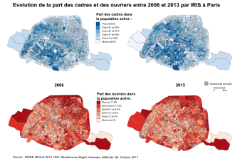 Carte de l'évolution de la part des ouvriers et des cadres par IRIS à Paris en 2006 et 2013