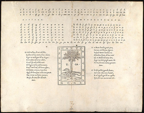 Specimen de caractère de Ludovico degli Arrighi étendu et utilisé par Tolomeo Janiculo, circa 1522, avec une forme d’epsilon latin.