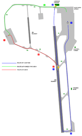 Carte de l'aéroport de Milan Linate, montrant les itinéraires des avions impliqués dans l'accident.