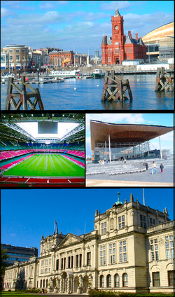 Ve směru hodinových ručiček: Cardiffská zátoka, Senedd, Cardiffská univerzita, Millennium Stadium