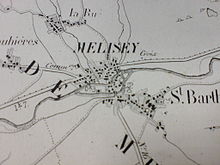 Carte ancienne de Mélisey matérialisant les bâtiment, les routes et cours d'eau.