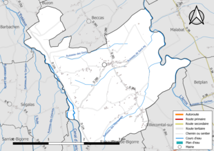 Carte en couleur présentant le réseau hydrographique de la commune