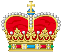 F�rsten crown used in heraldry, borne above the coat of arms to indicate a principality ruled.[4] The F�rsten crown, sometimes placed together with a mantle, is not always found on a F�rstenhaus (princely house) coat of arms; these adornments were not part of formal armorial protocols, but simply heraldic grace.[4]