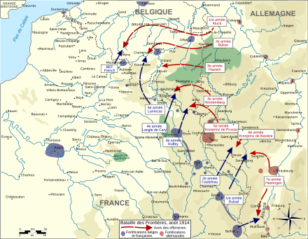 Carte représentant les différentes offensives françaises et allemandes.