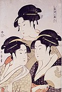 Trois beautés de notre temps de Utamaro (vers 1793) relève du thème des Bijin-ga.