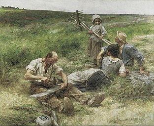 Rateau et fourche en bois, faux à l'entretien pendant la pause. La fenaison de Léon Lhermitte, 1887.