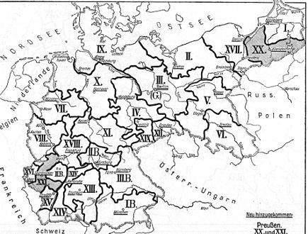 Carte des Korpsbereiche (en grisé : les deux nouveaux corps créés en 1912).