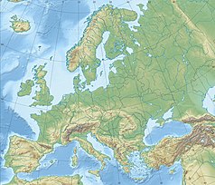 Mapa konturowa Europy, blisko centrum na prawo u góry znajduje się punkt z opisem „źródło”, natomiast blisko centrum u góry znajduje się punkt z opisem „ujście”