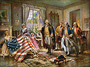 Betsy Ross en haar kinders wys vir George Washington hul genaaide vlag