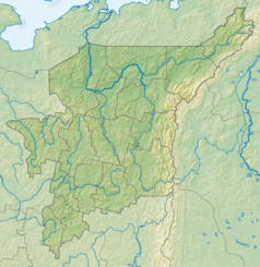 Mapa konturowa Komi, blisko prawej krawędzi u góry znajduje się punkt z opisem „źródło”, natomiast u góry znajduje się punkt z opisem „ujście”