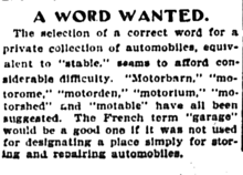 Un ritaglio di un giornale del 1901 che discute di come dovrebbe essere chiamato un luogo privato dove riporre le automobili.