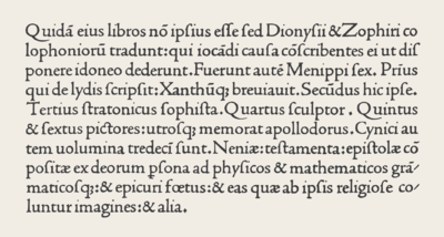 Texte de Laertius, 1475, avec la lettre et dans l’abréviation ‹ qꝫ › (lignes 4, 6 et 9).