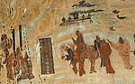 Mural in brown-reddish colors showing one on a hors and several people on foot.