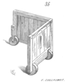 A wood-planked, L-shaped mantlet on wheels. Wooden-planked construction with proper joinery and even arrow slots would make this a more hard-wearing and expensive option. It would be heavier to push and would require more time and skill to construct; this might not be the sort one would use when attacking uphill.