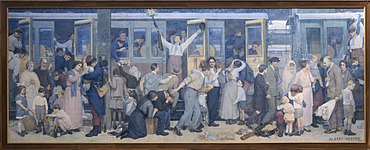 Peinture représentant un train de mobilisés à quai, avec des civils les saluant.