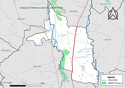 Carte des ZNIEFF de type 1 sur la commune.