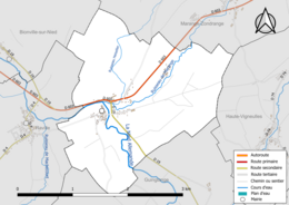 Carte en couleur présentant le réseau hydrographique de la commune