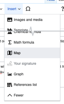 Screenshot of the insert menu in the VisualEditor interface with the Map option highlighted