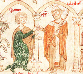 Celestinus III (rechts) en de Duitse koning Hendrik VI op een afbeelding uit de Liber ad honorem Augusti van Petrus van Ebulo (1196)