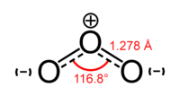 Skeletal formula of ozone with partial charges shown with some dimensions