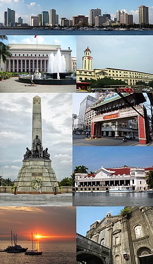 Dari atas, searah jarum jam: Panorama kota Manila, Balai Kota Manila, Pecinan Binondo, Istana Malaca�ang, Benteng Santiago, Teluk Manila, Monumen Rizal, Kantor Pos Pusat Manila