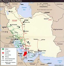 تأسیسات نفت و گاز ایران که پارس جنوبی به رنگ قرمز است