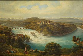 Rheinfall mit Fabriken und der 1855/56 erbauten Eisenbahnbrücke bei Laufen, um 1870, Heinrich Müller