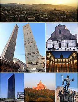 V smeri urinega kazalca: panorama Bologne in okolice, Bazilika San Petronio, Archiginnasio, Neptunov vodnjak, Madonna di San Luca, Unipol Tower in Dva stolpa