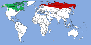 En rojo el reno euroasi�tico, en verde el reno americano y en naranja introducido.