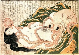 Le Rêve de la femme du pêcheur, Ukiyo-e érotique de Hokusai de 1814.