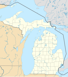 Mapa konturowa Michigan, na dole po prawej znajduje się punkt z opisem „Ford Motor Company”