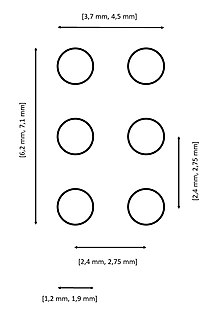 Medidas de la celda de braille en el Documento t�cnico B 1. Par�metros dimensionales del braille. Documentos t�cnicos. Comisi�n Braille Espa�ola (2014)