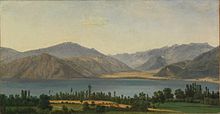 tableau de paysage, lac entouré de montagnes