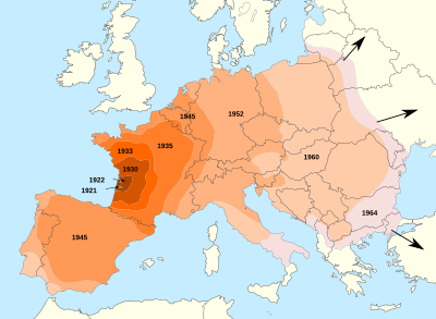 Carte illustrant le propagation du doryphore en Europe de 1922 à 1950