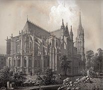 Gereja Biara Saint-Denis (apse dan fasad utara), litograf oleh F�lix Benoist sekitar 1850.