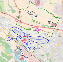 Carte en couleur d'une ville et de ses différentes zones urbaines.