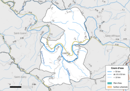 Carte en couleur présentant le réseau hydrographique de la commune