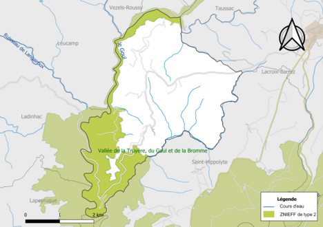 Carte des ZNIEFF de type 2 de la commune.