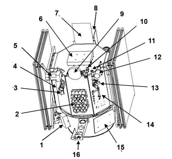 1 : Boitier de contr�le du moteur ionique - 2 : Batteries - 3 : �lectronique capteur solaire - 4 : Capteur solaire - 5 : Instrument MICAS - 6 : Boitier contr�le �nergie - 7 : Pare-soleil- 9 : Antenne grand gain - 10 et 11 : Antennes faible gain - 12 : Antenne cornet bande Ka - 12 : Batteries - 13 : Commutateur transfert guide d'ondes - 14 : Duplexeur - 15 : Panneau alimentation en x�non - 16 : Perche de service.