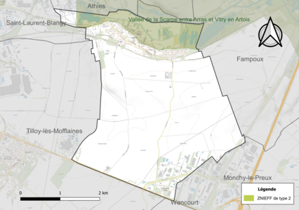 Carte de la ZNIEFF de type 2 sur la commune.