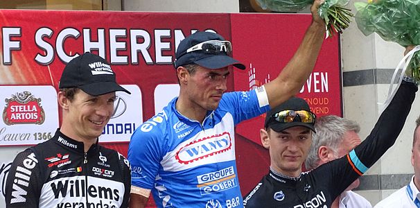 Podium de l'édition 2015 du Grand Prix Jef Scherens : Dimitri Claeys (2e), Björn Leukemans (1er) et Mark McNally (3e).