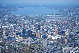 Downtown Syracuse (aerial view; Onondaga Lake in background)