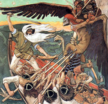 Nasjonalepsoset Kalevala har inspirert en rekke finske kunstnere. Her har Gallen-Kallela malt helten Väinämöinen i «Forsvaret av Sampo» (1896).