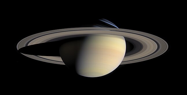 Saturn und Ringe mit gegenseitigem Schattenwurf (Cassini, 2004)