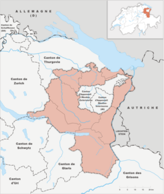 Mapa konturowa Sankt Gallen, blisko centrum na prawo znajduje się punkt z opisem „Uniwersytet w St. Gallen”