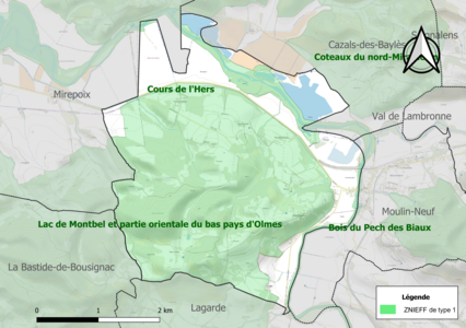 Carte des ZNIEFF de type 1 sur la commune.