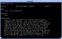 Captura de pantalla del manual de Emulación Lisp en Blanco y negro 4.3 de BSD UWisc VAX